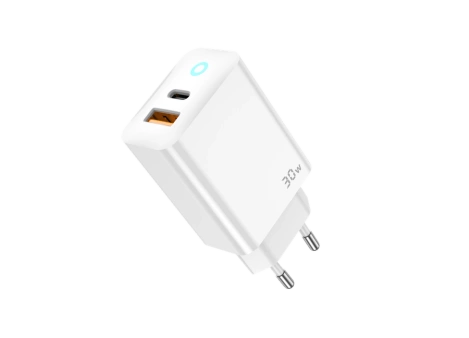 JELLICO wall charger EU13 GaN PD 30W 1xUSB-C + 1xUSB QC3.0 + cable USB-C - Lightning White