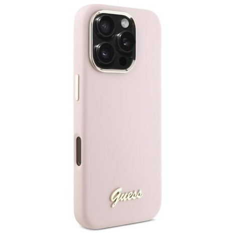 Original Handyhülle IPHONE 16 PRO Guess Hardcase Silicone Script Metal Logo & Frame (GUHCP16LSMBSLP) rosa