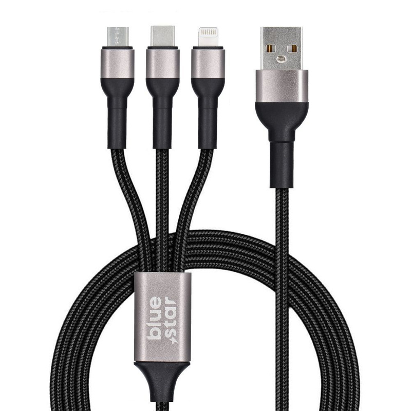 Kabel Blue Star z oplotem 3w1 ze złączami micro USB, USB C i Lightning 3A