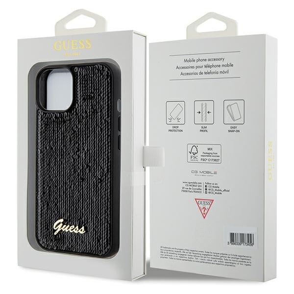Guess Pailletten Script Metallhülle für iPhone 15 – Schwarz