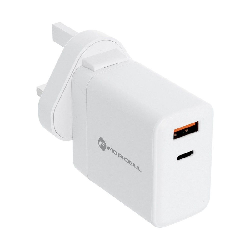 FORCELL F-ENERGY TFK-TC-45WPDAC ładowarka sieciowa 3w1 Typ C + USB A PD QC4.0 3A 45W z wymiennymi wtyczkami (EU / UK / US) biała