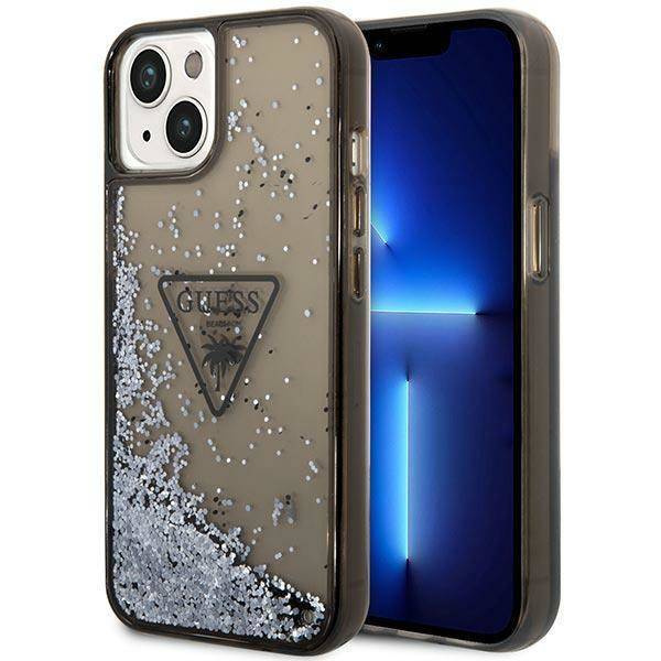 Original Handyhülle IPHONE 14 PLUS Guess Hardcase Liquid Glitter Palm Collection transparent schwarz