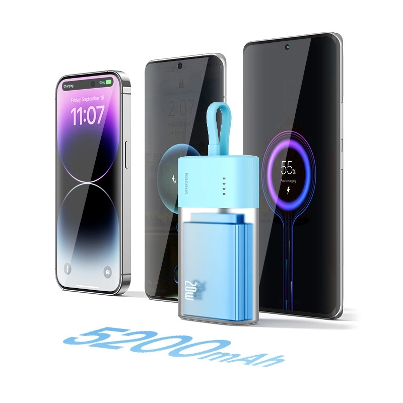 Baseus Popsicle 5200mAh 20W Powerbank with Built-in Lightning Cable (+ White Baseus Simple USB-C - USB-C 60W/20V/3A/30cm Cable) - Blue-Orange