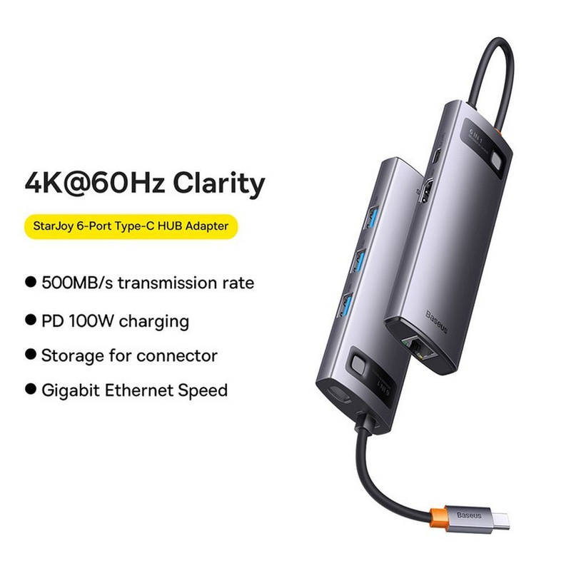 Hub 6in1 Baseus StarJoy Series, USB-C to 3x USB 3.0 + HDMI + USB-C PD + RJ45