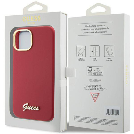 Guess Silikon Script Metal Logo &amp; Frame Hülle für iPhone 15 – Rot