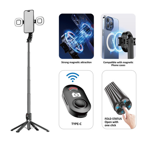 Blavec Selfie Stick Aluminium Fusion P07 Magsafe tripod + pilot + 2 lampy 1,4 metra (SSFP07-MTR2LB14) czarny