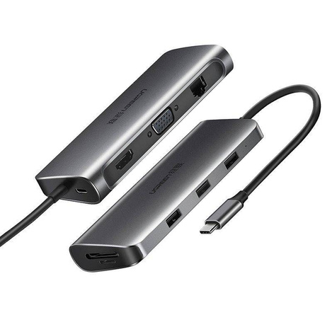 Adapter hub 9w1 UGREEN USB-C do HDMI 4K, 3x USB 3.0, Typ-C PD, RJ45, SD, Micro SD, VGA (szary)