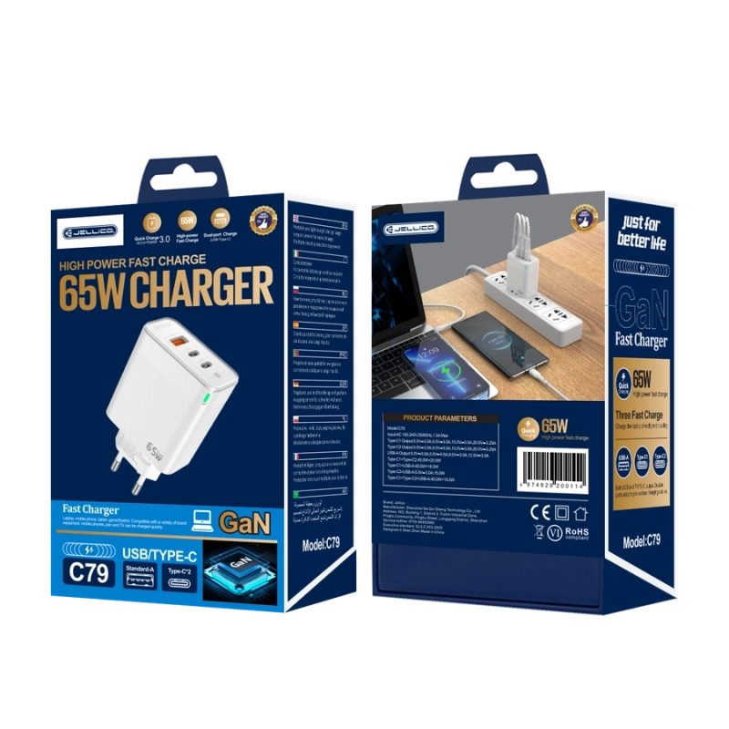 JELLICO ładowarka sieciowa C79 GaN PD 65W 2xUSB-C + 1xUSB QC3.0 Biały