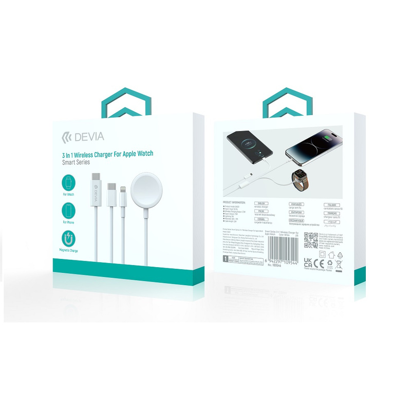 Devia kabel 3w1 Smart EA520 USB-C - USB-C + Lightning biały z ładowarką indukcyjną magnetyczną do Apple Watch