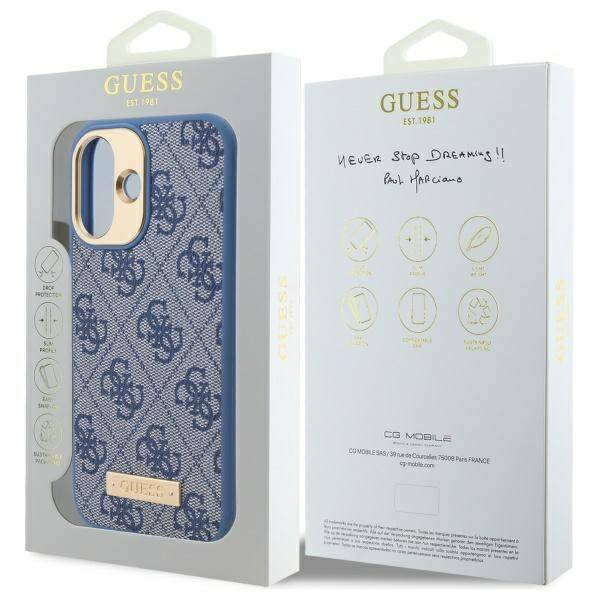 Original Handyhülle IPHONE 16 PLUS Guess Hardcase 4G Logo Plate MagSafe (GUHMP16MU4GPRB) blau