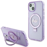 Guess Ring Stand Script Glitter MagSafe Hülle für iPhone 15 Plus / 14 Plus – Lila