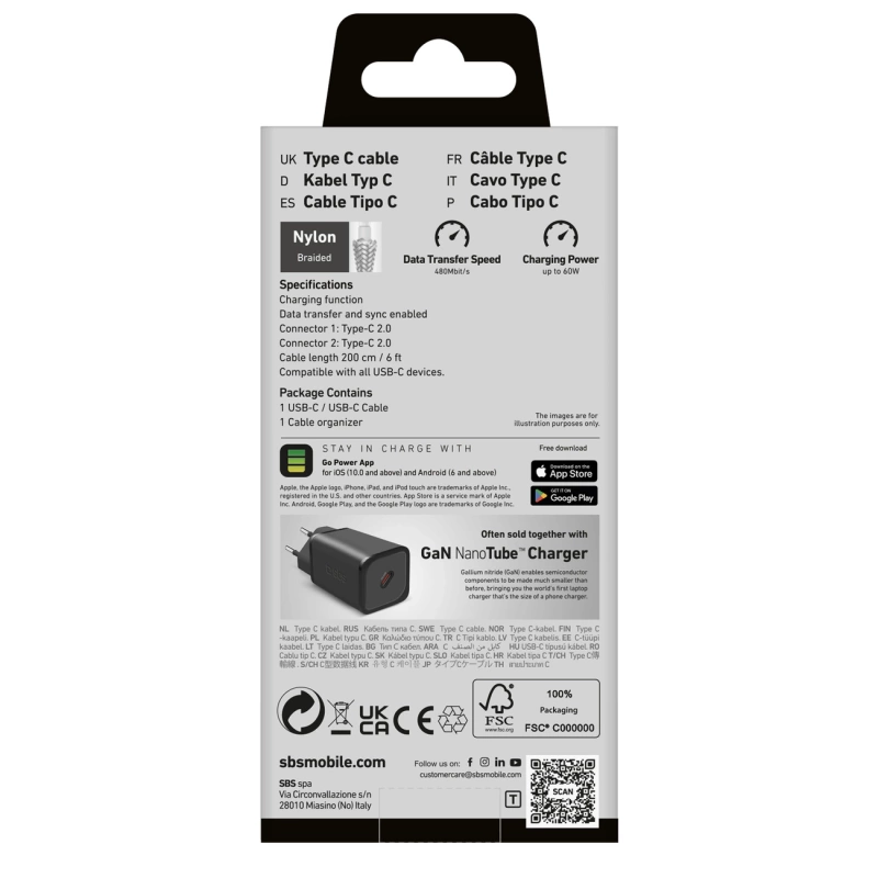 SBS TECABLETISSUETCC2G Cable 2 x USB-C 2m 60W with Power Delivery - Gray