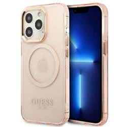 Original Handyhülle IPHONE 13 PRO MAX Guess Hard Case Gold Outline Translucent MagSafe (GUHMP13XHTCMP) rosa