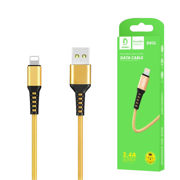 DENMEN KABEL USB DO LIGHTNING 2.4A WZMACNIANY OPLOT IPHONE DENMEN ZŁOTY 1M D02L
