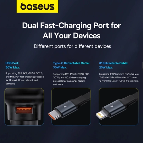 Baseus Enjoyment USB-A-Autoladegerät mit USB-C/ Lightning -60-W-Kabel – Schwarz