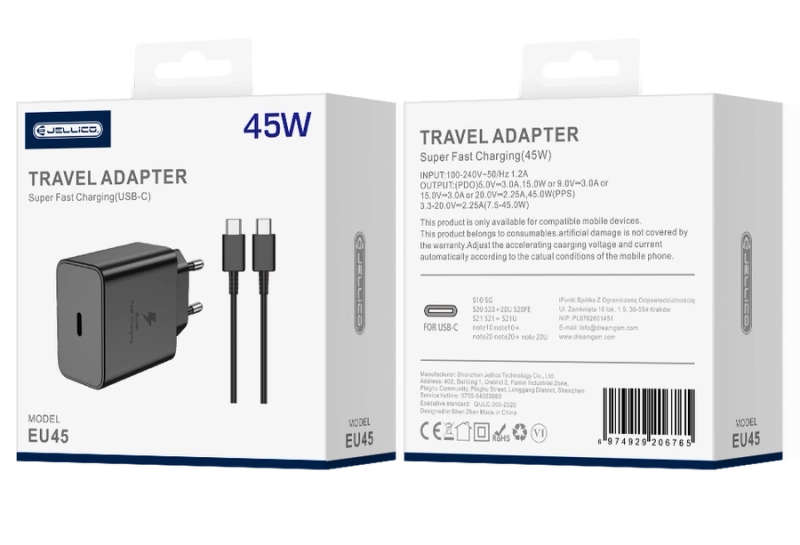 JELLICO wall charger EU45 GaN PD 45W 1xUSB-C + cable USB-C - USB-C Black