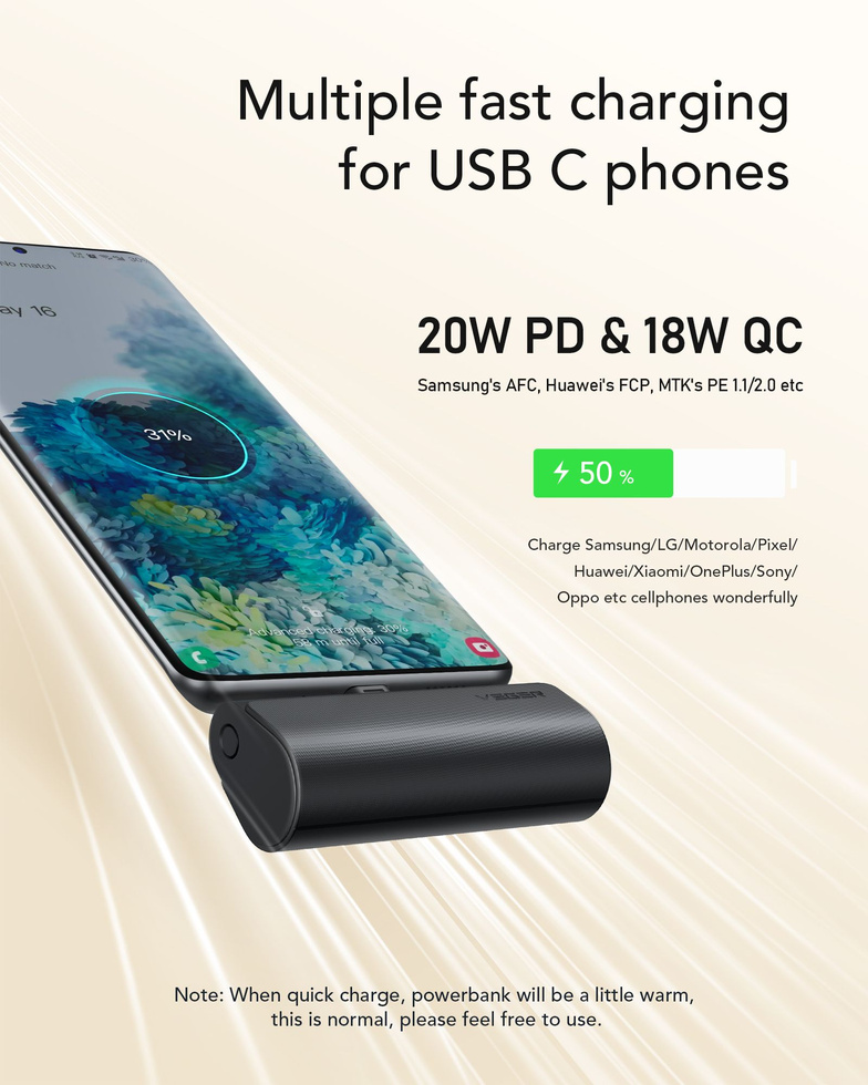 Bateria zewnętrzna (Powerbank) VEGER PlugOn - 5000mAh z wbudowanym złączem Typ C PD 20W (W0556P)