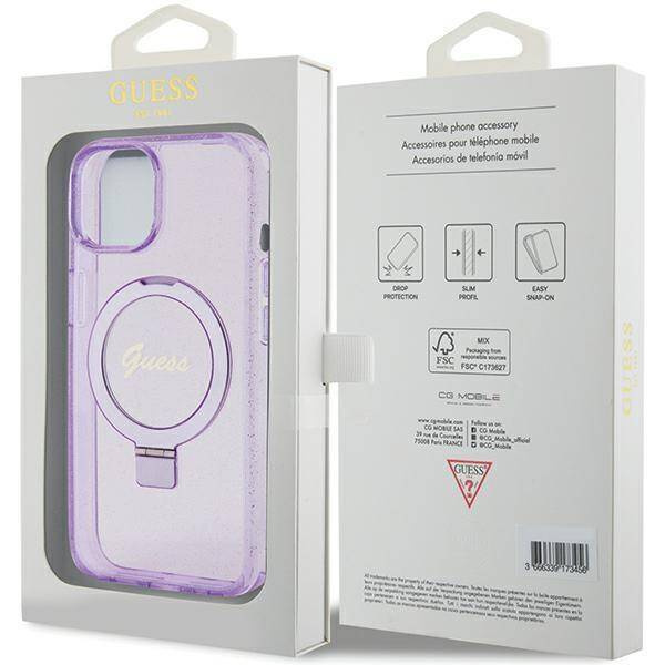 Guess Ring Stand Script Glitter MagSafe Hülle für iPhone 15 Plus / 14 Plus – Lila