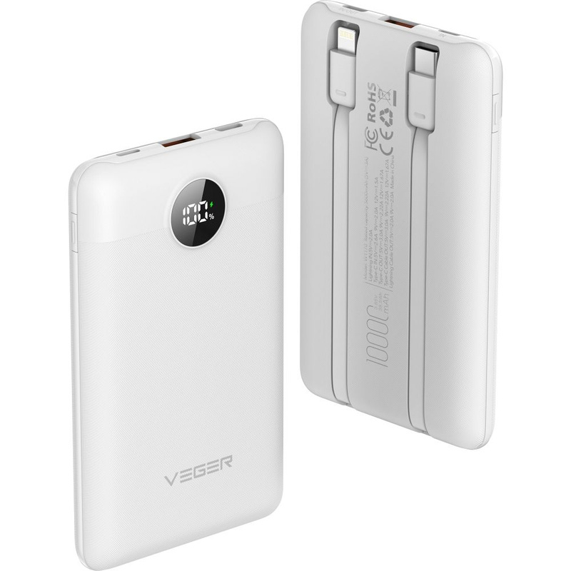 VEGER powerbank 10000 mAh z wbudowanymi kablami Typ C / Lightning PD QC3.0 2A 22,5W C11C (W1170) biały