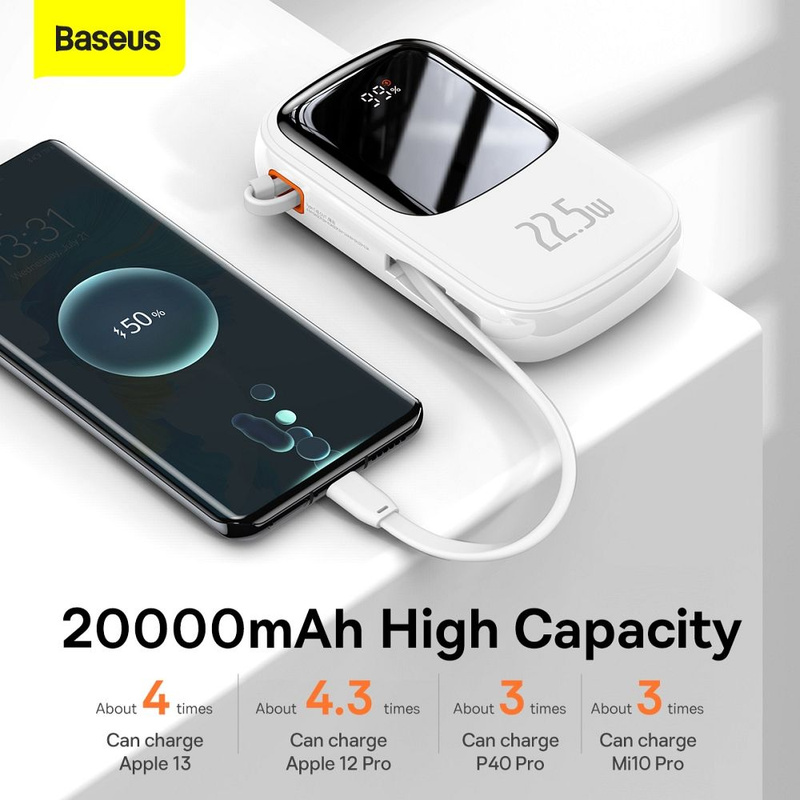 Powerbank Baseus Qpow PRO z kablem USB-C, USB-C, USB, 20000mAh, 22.5W (biały)