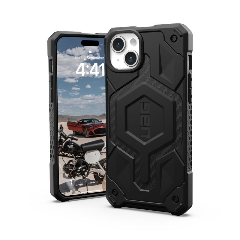 UAG Monarch Pro - Schutzhülle für iPhone 15 Plus kompatibel mit MagSafe (Kohlefaser)
