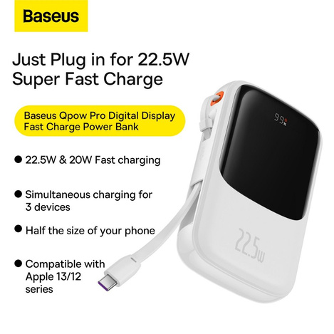 Baseus Qpow Powerbank 10000mAh eingebautes USB Type-C Kabel 22.5W Quick Charge SCP AFC FCP weiß (PPQD020102)