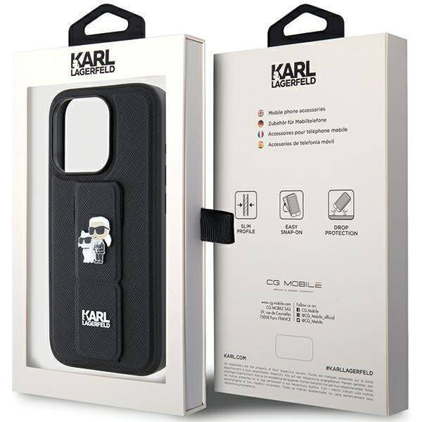 Karl Lagerfeld Gripstand Saffiano Karl&Choupette Pins Hülle für iPhone 15 Pro Max – Schwarz