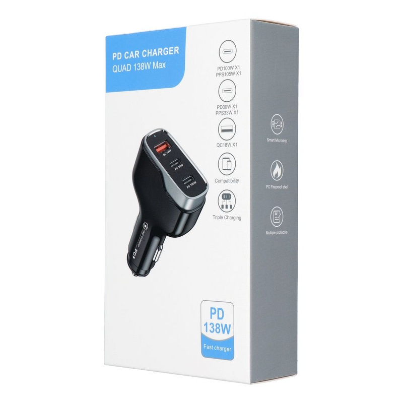 Ładowarka samochodowa USB QC 3.0 18W + 2x Typ C PD 100W+30W CC53-2C1A (Total 138W)
