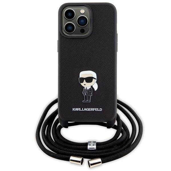Karl Lagerfeld Umhängetasche mit Saffiano-Monogramm und Metallnadel, Karl &amp; Choupette-Hülle für iPhone 15 Pro Max – Schwarz
