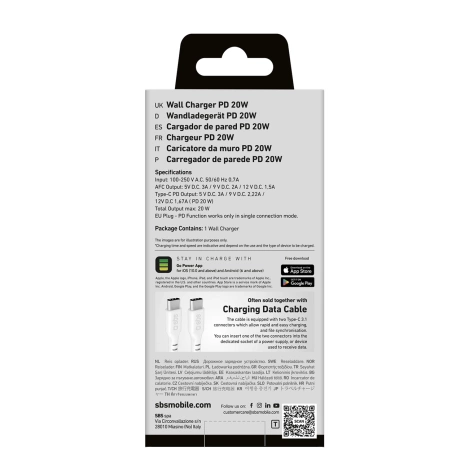 SBS TETRPD20W 20W USB-A USB-C Wall Charger with Power Delivery - White