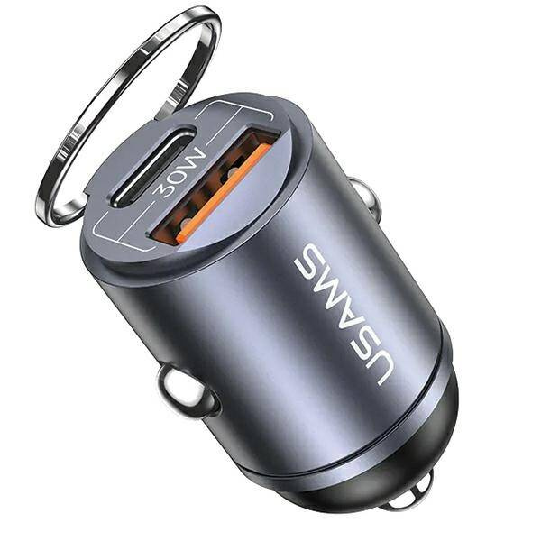 Ładowarka Samochodowa 30W PD USB-C + USB Fas Charge Z Wbudowaym Pierścieniem USAMS C38 CC206CC01 (US-CC206) stalowa