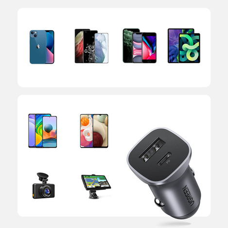 Ugreen fast car charger USB-A / USB-C 30W PD PPS gray (CD130)