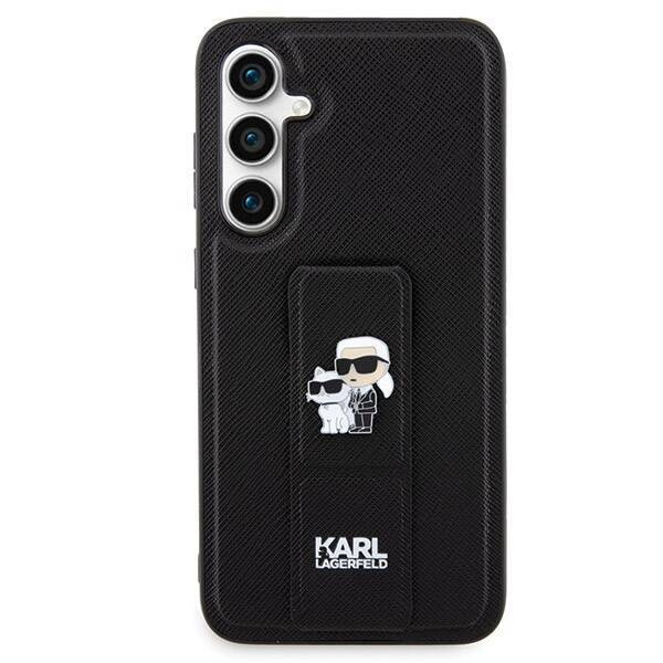 Karl Lagerfeld Gripstand Saffiano Karl&Choupette Pins Hülle für Samsung Galaxy S23 FE – Schwarz