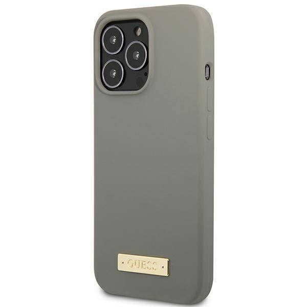 Original Case IPHONE 13 PRO MAX Guess Hard Case Silicone Logo Plate MagSafe (GUHMP13XSPLG) gray