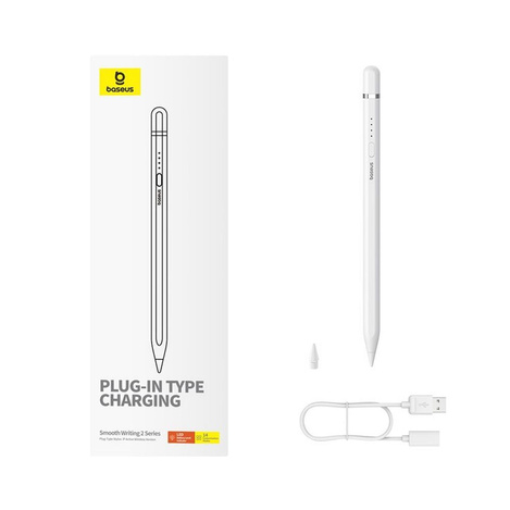 Rysik z aktywną końcówką Baseus Smooth Writing 2 do iPad + kabel USB-A - Lightning i wymienna końcówka - biały