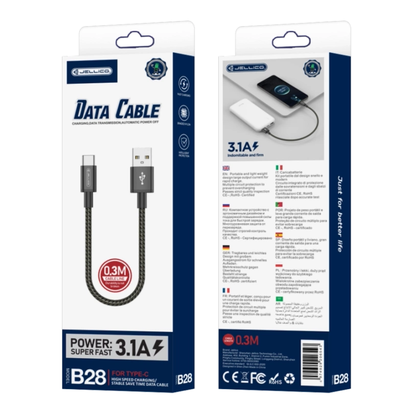 JELLICO kabel B28 USB-C 3.1A 0.3M Czarny