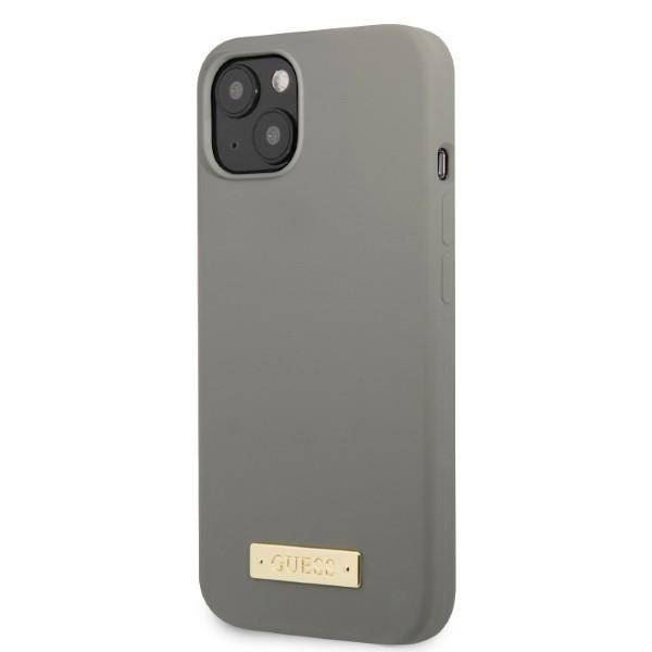 Original Handyhülle IPHONE 13 MINI Guess Hard Case Silicone Logo Plate MagSafe (GUHMP13SSPLG) grau