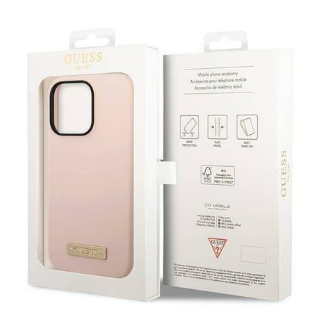Original Handyhülle IPHONE 14 PRO MAX Guess Hard Case Silicone Logo Plate MagSafe rosa