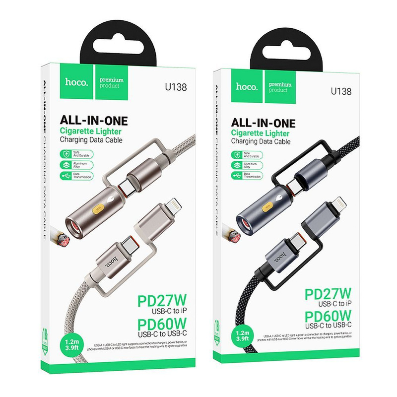 HOCO kabel All-in-one Typ C / Lightning do Typ C / Zapalniczka samochodowa PD 3A 60W U138 1,2 m czarny