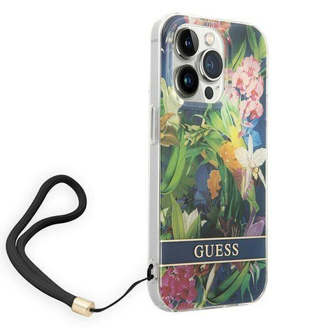 Original Case IPHONE 14 PRO Guess Hardcase Flower Strap (GUOHCP14LHFLSB) blue