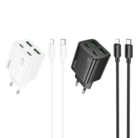 Ładowarka sieciowa do telefonu Hoco 2 x USB C + 2 x USB A QC3.0 PD 3A 30W + kabel USB C do Lightning N56 biała