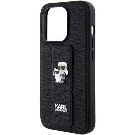 Karl Lagerfeld Gripstand Saffiano Karl&Choupette Pins Hülle für iPhone 15 Pro Max – Schwarz