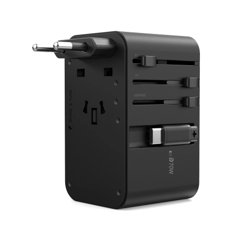 Choetech PD5022 70W EU/US/AUS/UK Reiseadapter mit integriertem USB-C-Kabel – Schwarz