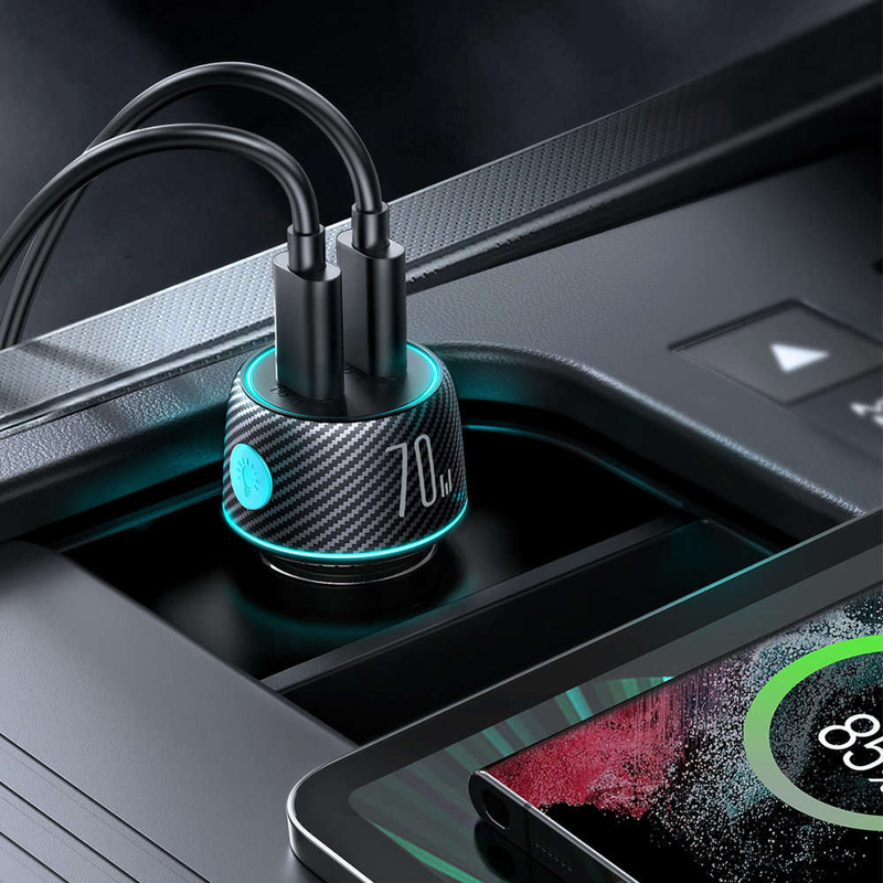 Autoladegerät 2x USB C 70W mit LED-Hintergrundbeleuchtung Joyroom JR-CCN02 | Schwarz