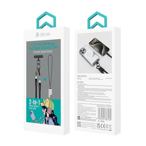 Devia kabel uniwersalna smycz 2w1 PD USB-C - Lightning 1,2 m 27W czarny
