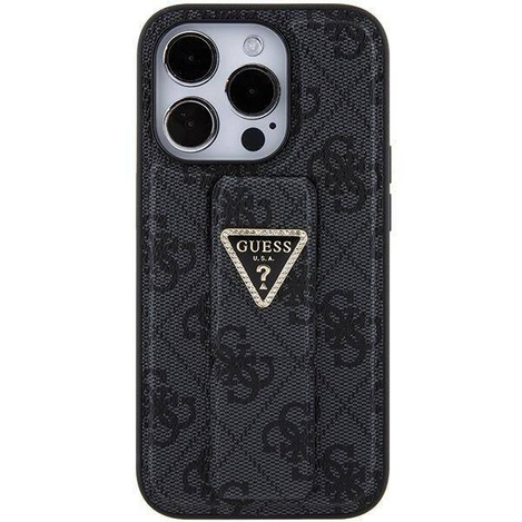 Guess Grip Stand 4G Triangle Strass Hülle für iPhone 15 Pro Max - Schwarz
