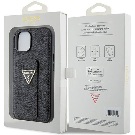 Guess Grip Stand 4G Triangle Strass Hülle für iPhone 15 – Schwarz