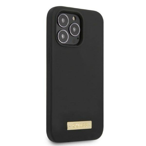 Original Handyhülle IPHONE 13 PRO Guess Hard Case Silicone Logo Plate MagSafe (GUHMP13LSPLK) schwarz