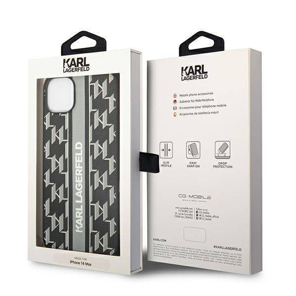Original Handyhülle IPHONE 14 PLUS Karl Lagerfeld Hardcase Monogram Stripe (KLHCP14MPGKLSKG) grau