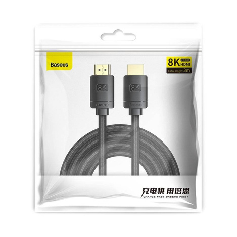 Baseus kabel HDMI 2.1 8K 60 Hz 48 Gbps / 4K 120 Hz / 2K 144 Hz 3D eARC QMS Dynamic HDR VRR ALLM 3 m czarny (CAKGQ-L01)